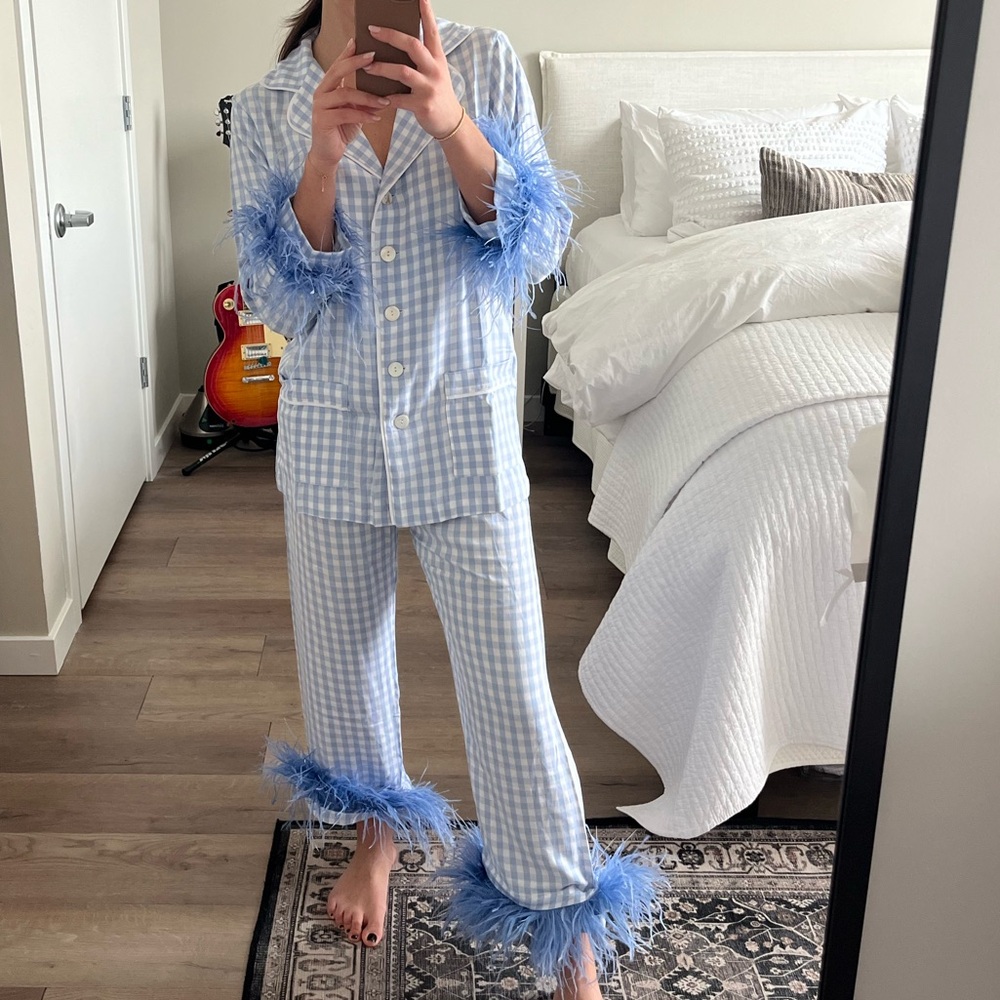 NWOT Sleeper Blue Gingham Feather Trim Party Pajama Set